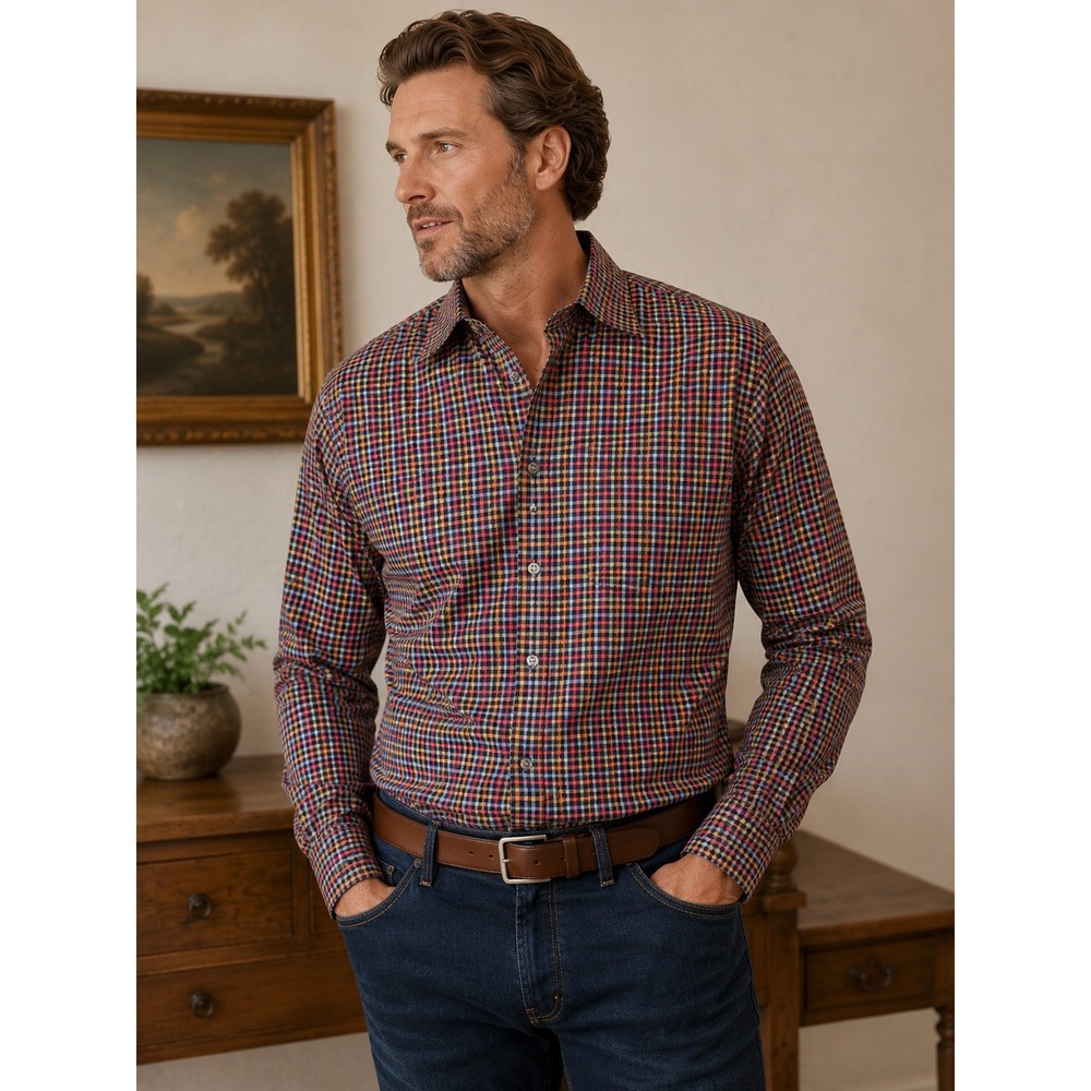 Scott Barber Mens Multi Color Tattersall Check‎ Long Sleeve Button Down Shirt